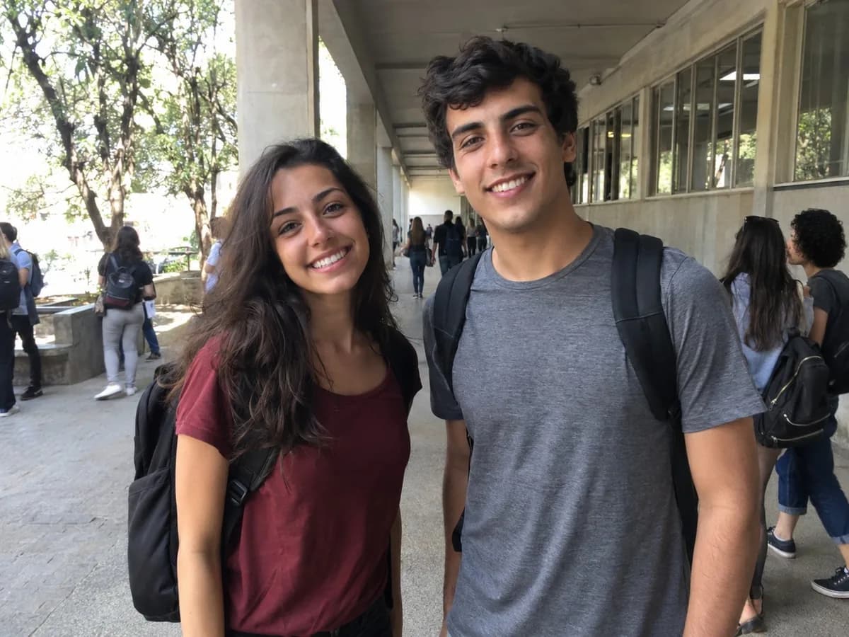 Ana e Lucas no corredor da faculdade, de mochila nas costas.