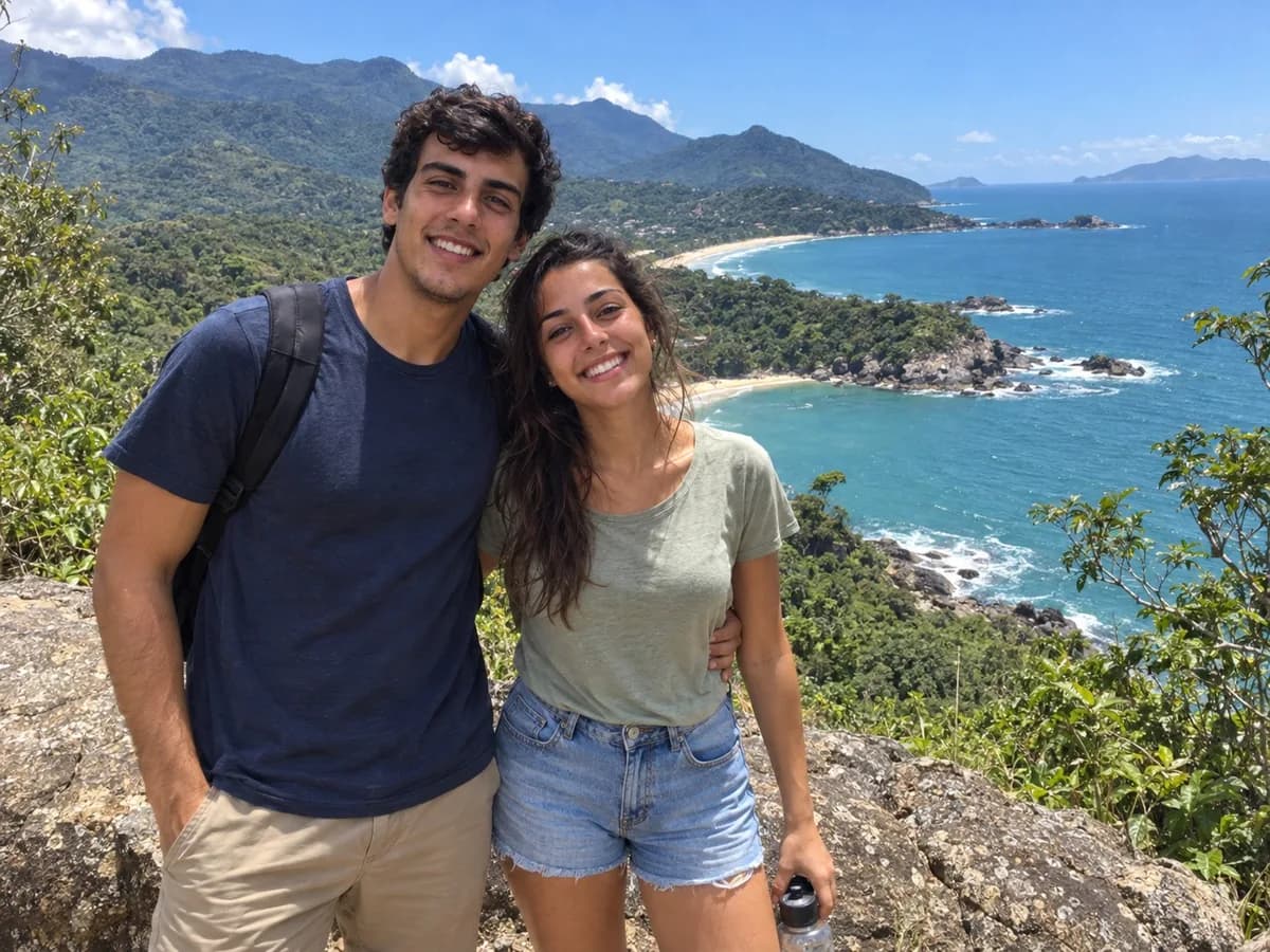 Ana e Lucas em um mirante, com a mata e o mar da costa ao fundo.