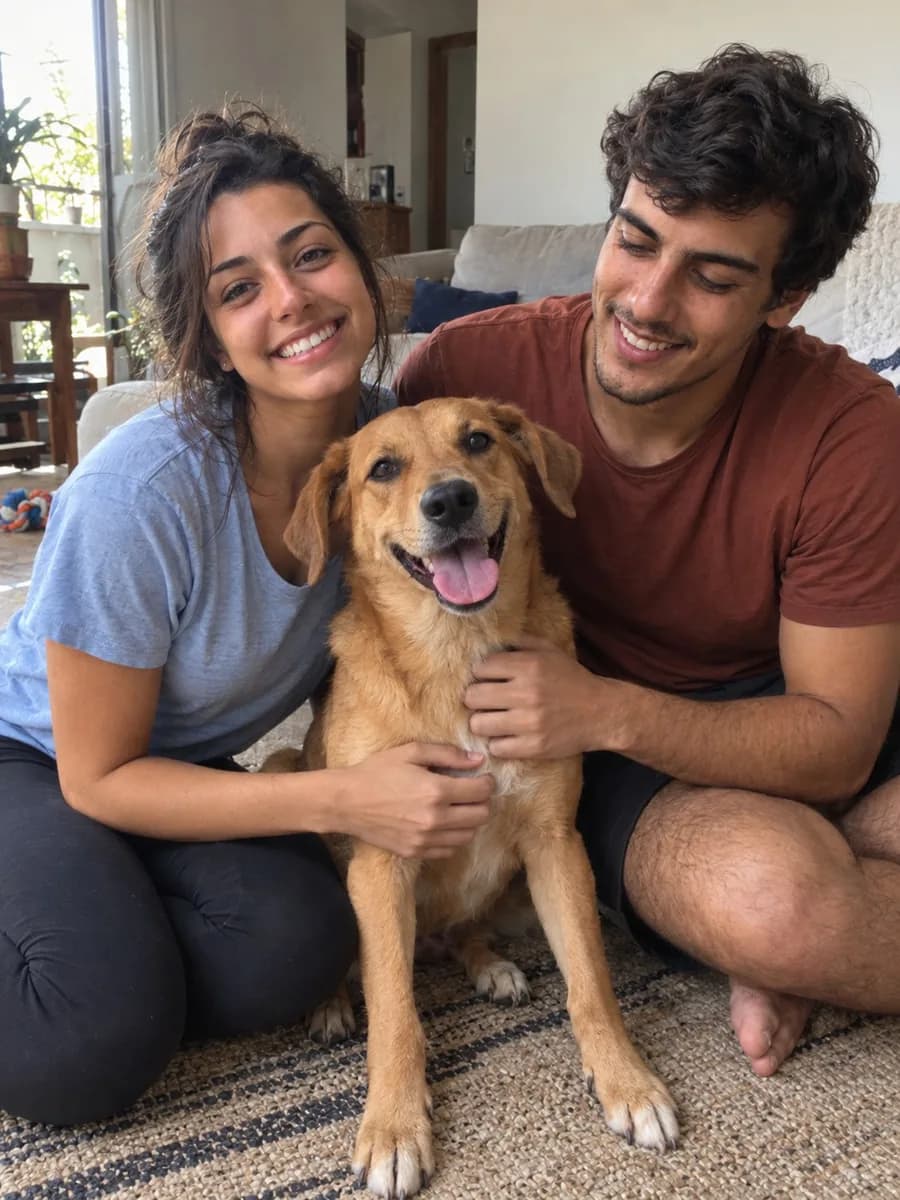 Ana e Lucas sentados no tapete da sala com a Luna, uma cachorra caramelo.
