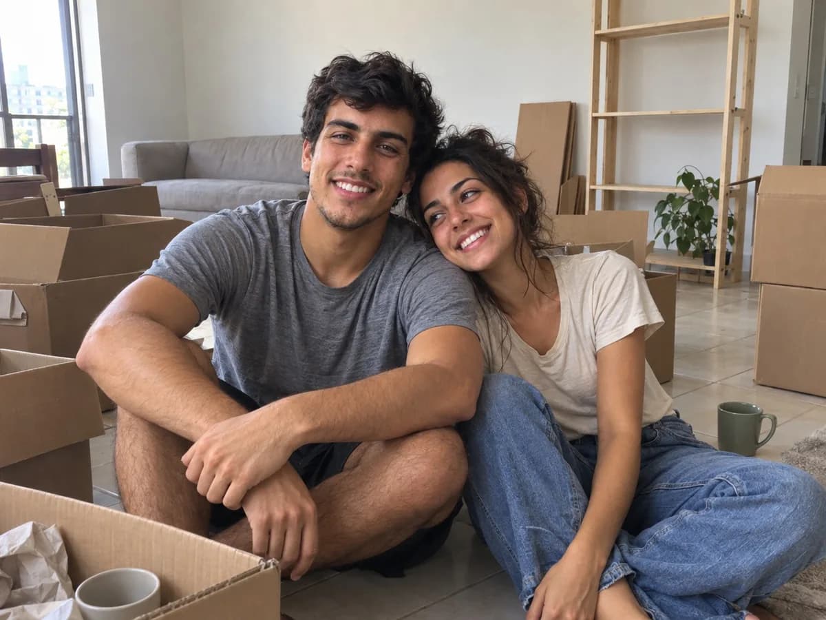 Ana e Lucas sentados no chão do apartamento novo, cercados por caixas de mudança.