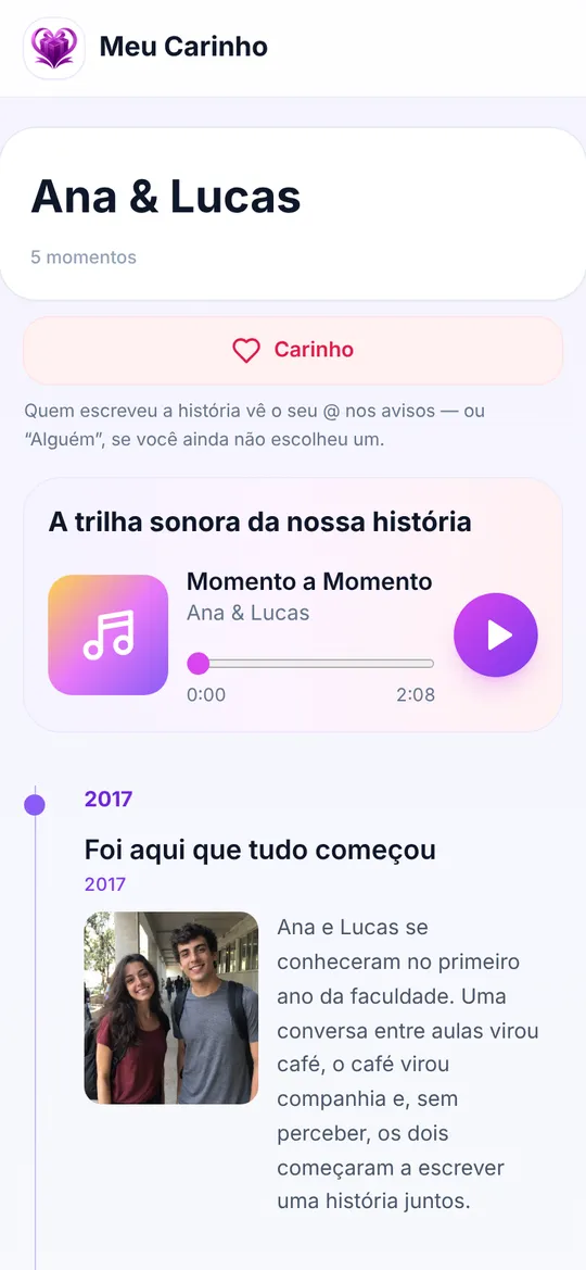 A história Ana & Lucas aberta por um visitante sem conta, com o bloco "A trilha sonora da nossa história" e o player antes dos momentos.