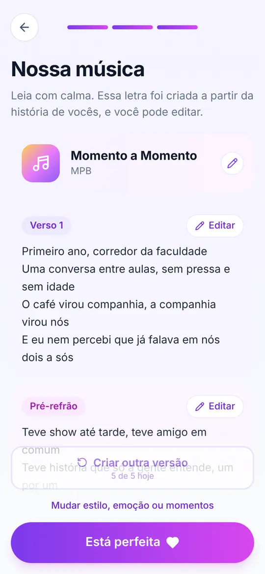 Tela "Nossa música" com a letra "Momento a Momento" separada em verso e pré-refrão, cada parte com um botão Editar.