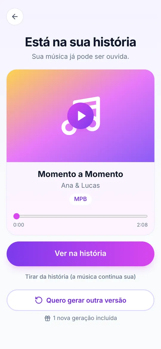 Tela "Está na sua história", com o player da música pronta e o botão Ver na história.