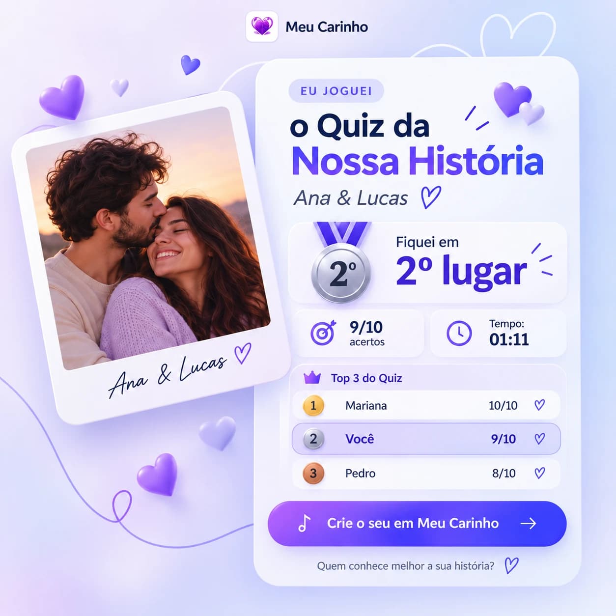 Card de compartilhamento do quiz de Ana e Lucas mostrando o segundo lugar, com 9 de 10 acertos e o top 3 dos participantes.