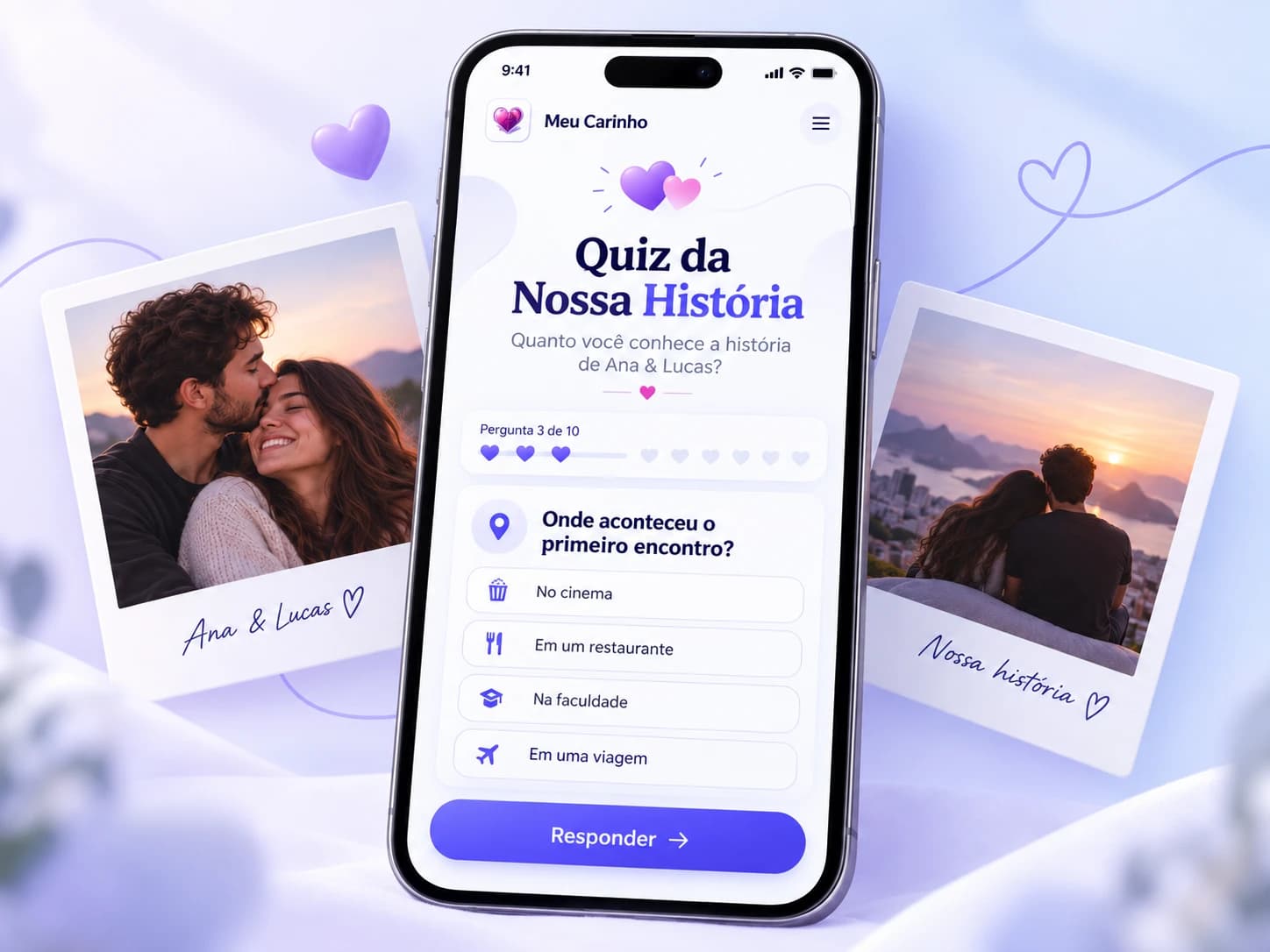 Celular mostrando o Quiz da Nossa História de Ana e Lucas na pergunta 3 de 10: onde aconteceu o primeiro encontro, com quatro alternativas.