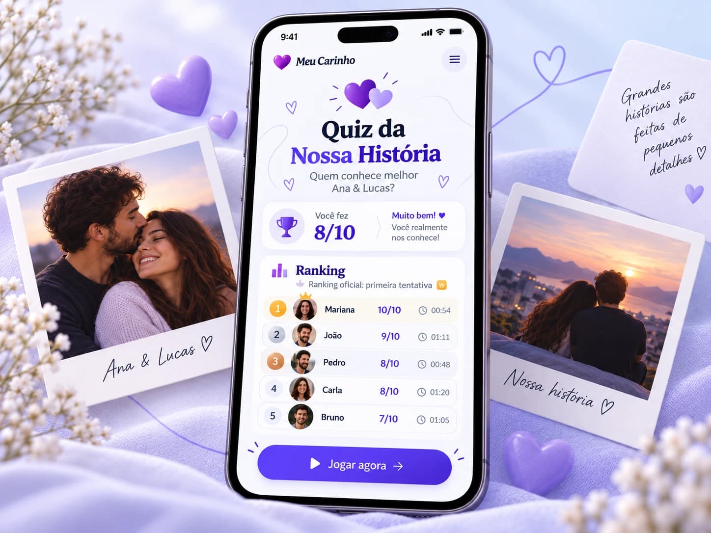 Celular mostrando o resultado do quiz: 8 de 10 acertos e o ranking com Mariana em primeiro, João em segundo e Pedro em terceiro.