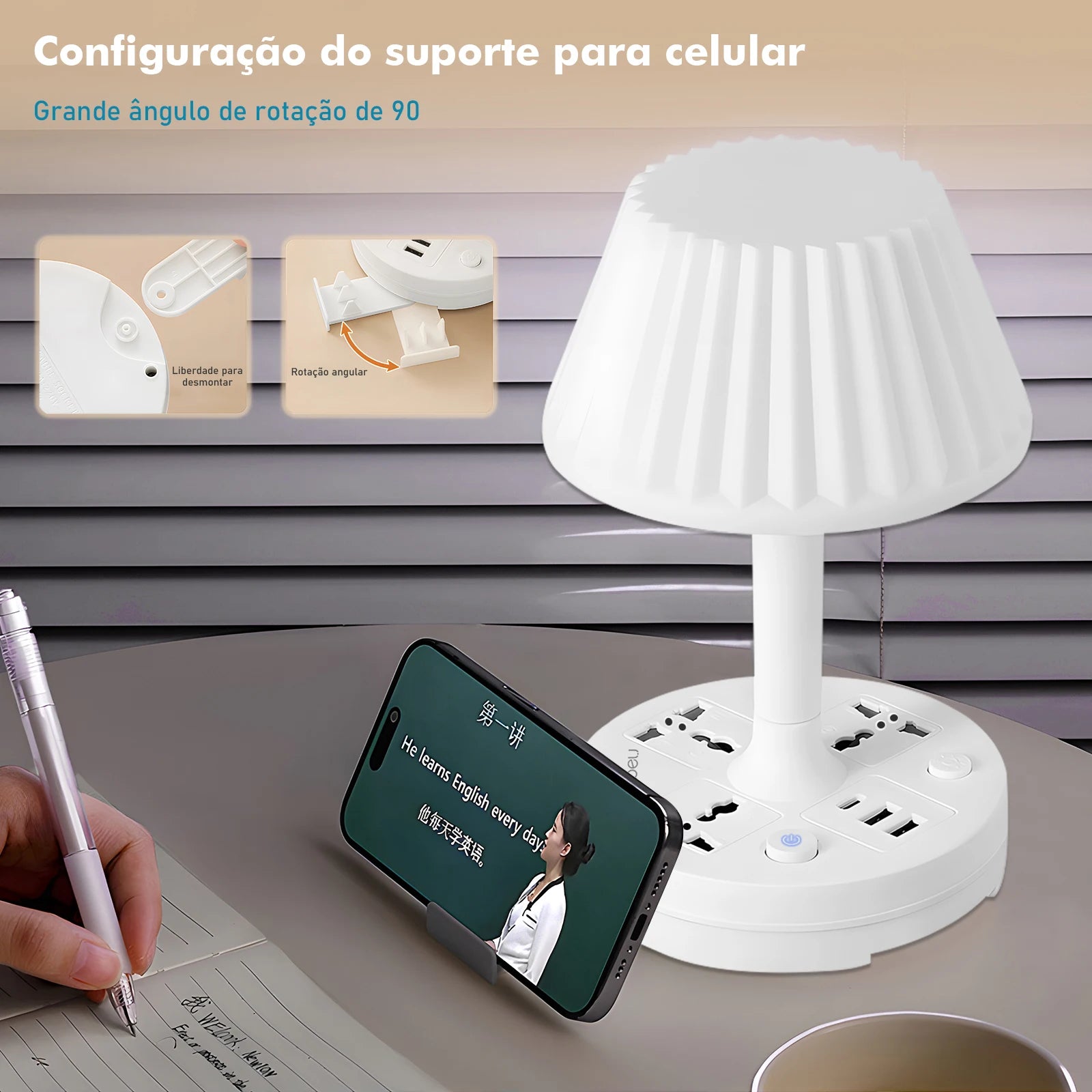 Abajur com tomadas, filtro de linha e interruptor de tomada